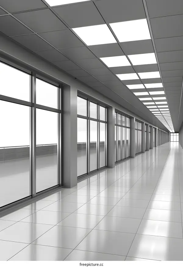 Long Modern Hallway With Windows And Ceiling Lights