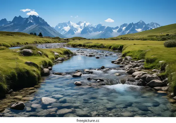 A river flowing through a green valley with snow-capped mountains in the distance
