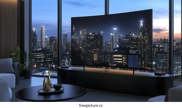 Modern Living Room with Panoramic City View TV