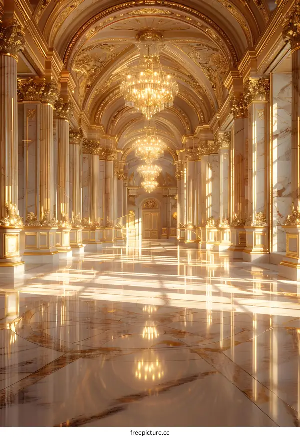 ornate hallway with marble floor and gold columns