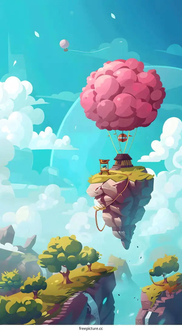 Fantasy Landscape With Floating Island and Hot Air Balloon