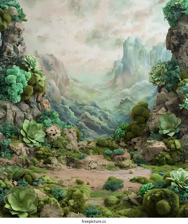 Green Moss and Succulents in a Mountainous Landscape