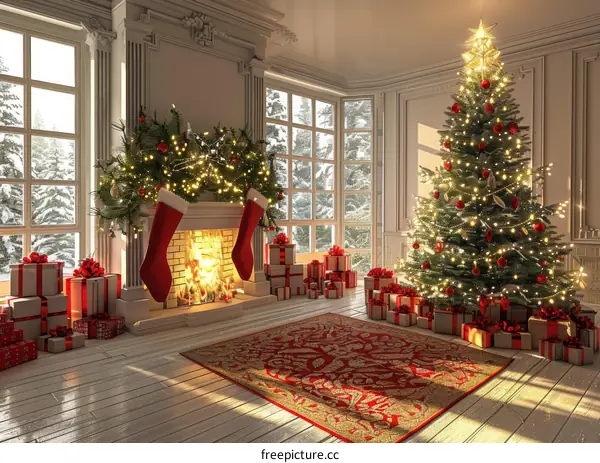 Christmas Living Room with Decorated Fireplace and Tree