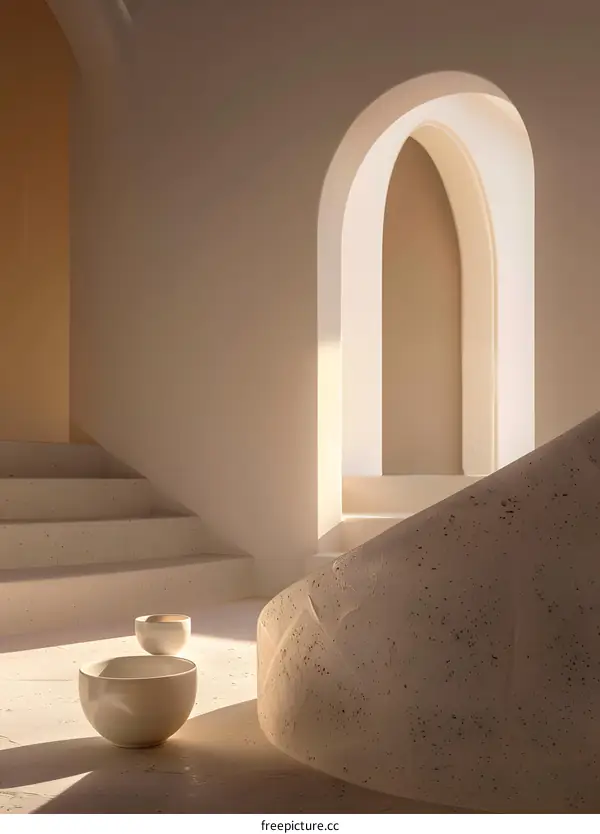 Minimalist Interior Design With Arched Window and Stone Wall