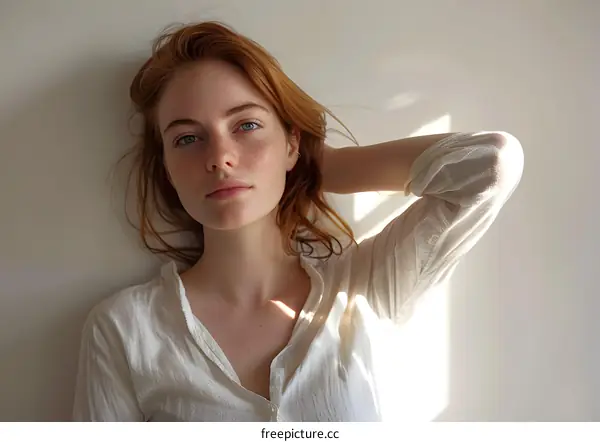 Redhead Woman in White Shirt Lying on White Surface