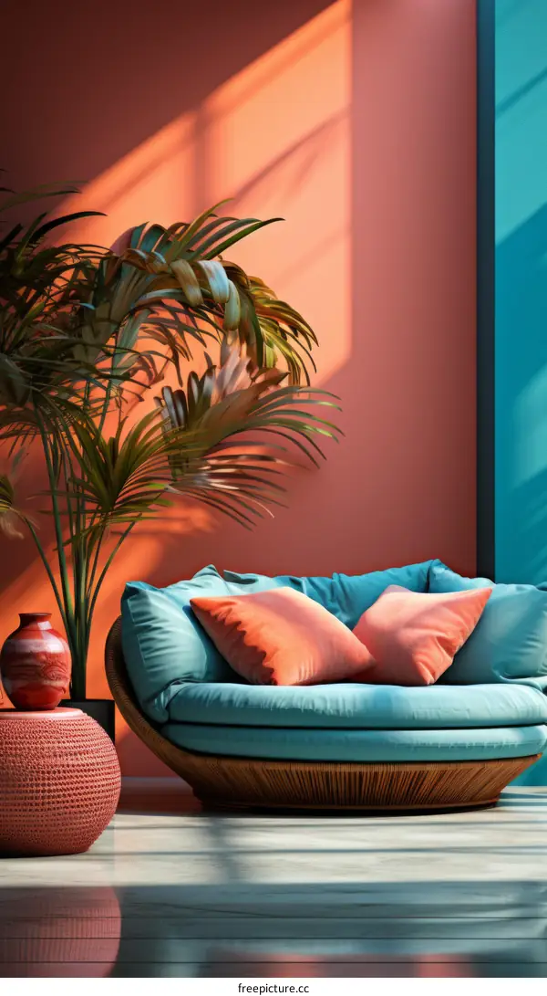 Blue and coral living room with a comfortable round chair