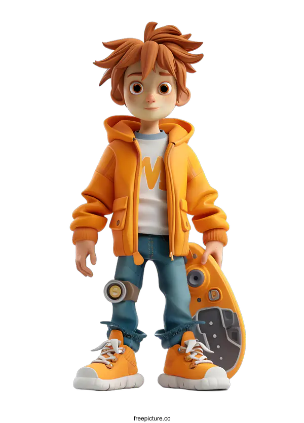 [Transparent Background PNG]3D Illustration of Cartoon Boy Wearing Orange Jacket and Holding Skateboard