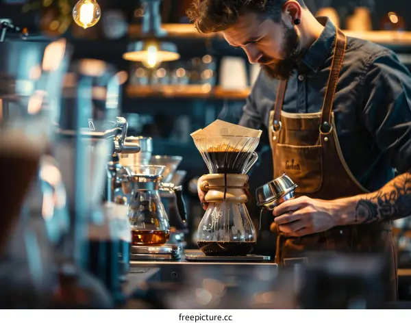 Bearded barista making pour over coffee