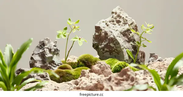 Close Up of Miniature Mountain Landscape with Plants and Moss