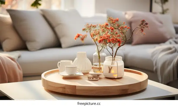 A cozy living room with a coffee table, sofa, and vase of flowers