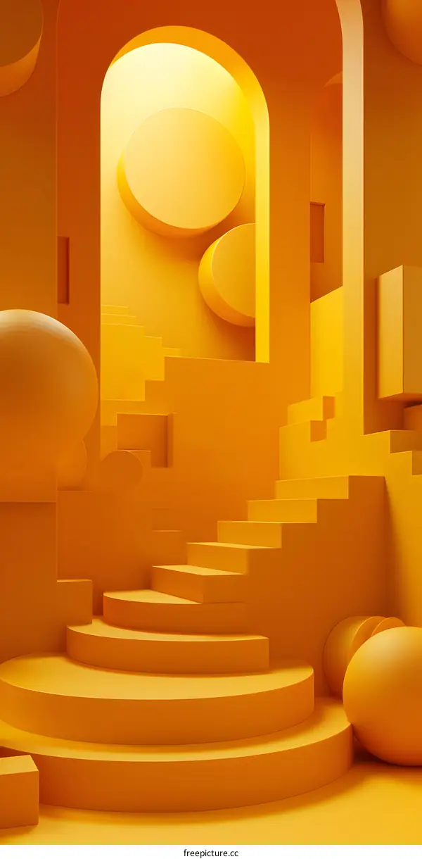 3D rendering of a yellow geometric structure with stairs
