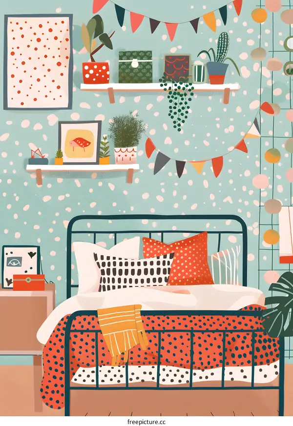 Bedroom Interior with Black Metal Bed and Polka Dot Bedding