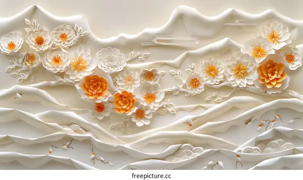 3D white and orange paper flower art