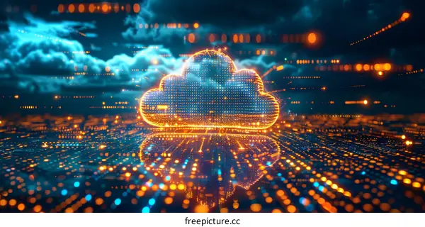 Glowing Cloud of Data Particles over Circuit Board
