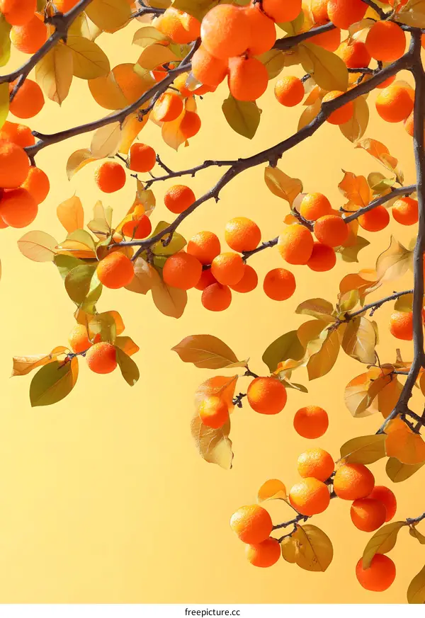 Orange Fruit Branch  With Yellow Background