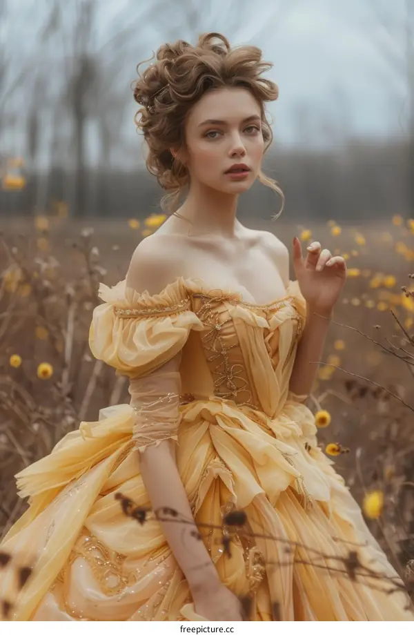 portrait of a beautiful young woman in a yellow dress standing in a field of flowers