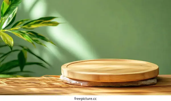 Wooden Display Platform Against a Green Background
