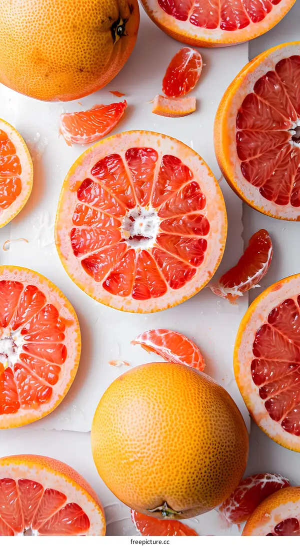 Fresh Grapefruit Slices on White Background