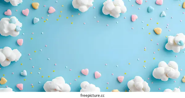 White Clouds and Colorful Hearts on Blue Background