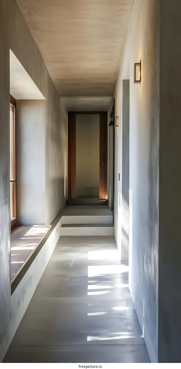 Modern Minimalist Interior Design Of Concrete Hallway With Natural Light