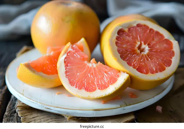 Freshly Sliced Grapefruit On A White Plate