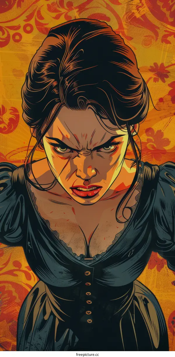 Angry Woman with Red Lips and Green Eyes in a Black Dress