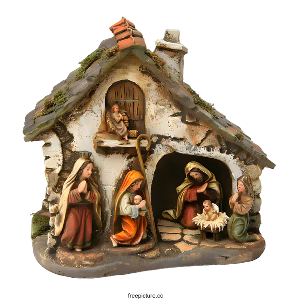 [Transparent Background PNG]Nativity Scene with Figurines in a Stable
