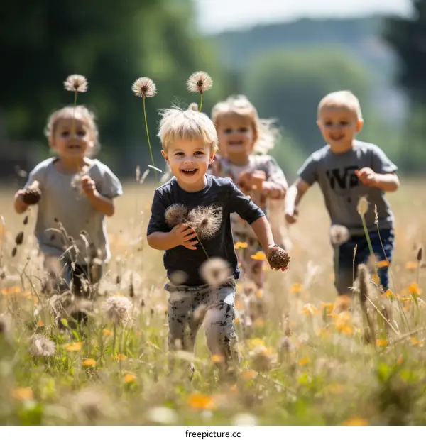 Four happy children running through a field of tall grass and wildflowers