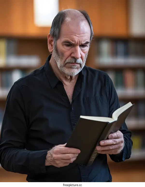 Senior Man Reading Book in Library