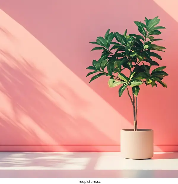Pink Wall With Plant and Sunlight Shadow