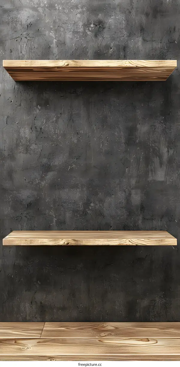 Rustic Wooden Shelves on a Concrete Wall Background