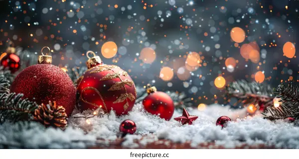 Red and Gold Christmas Ornaments on Snowy Background