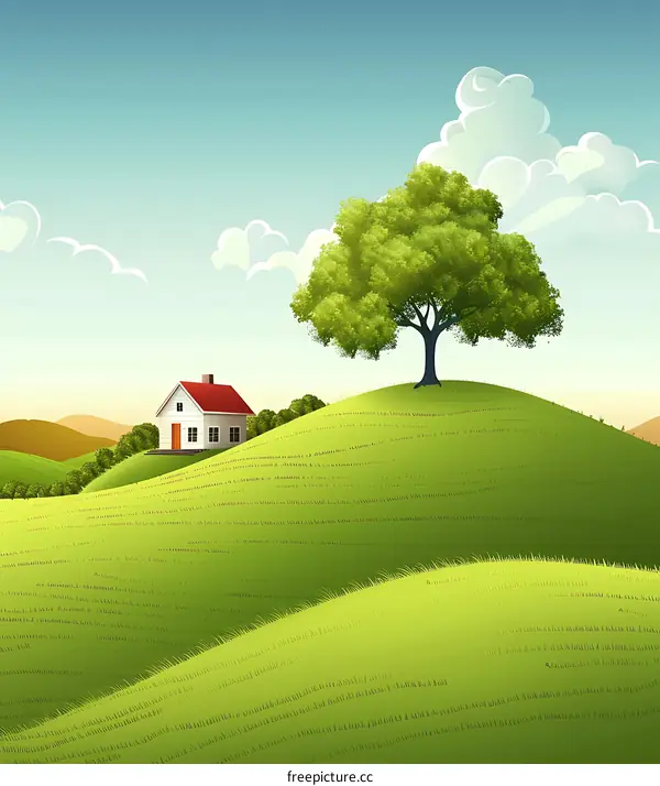 Green Hill With a House and Tree