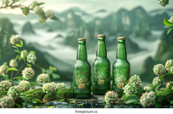 Green Beer Bottles in a Natural Setting