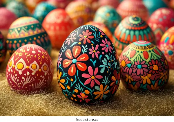 Colorful Easter Eggs Decorated with Floral Designs