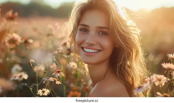 Beautiful Woman in a Field of Flowers