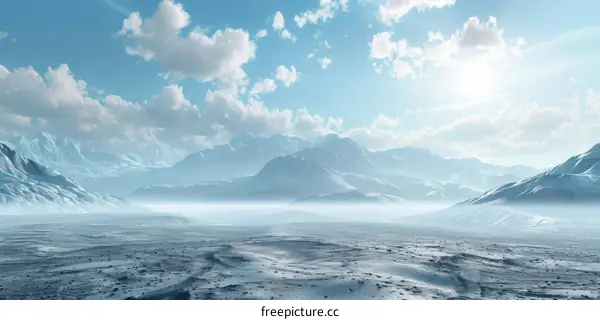 Snowy Mountains and Frozen Lake in Winter