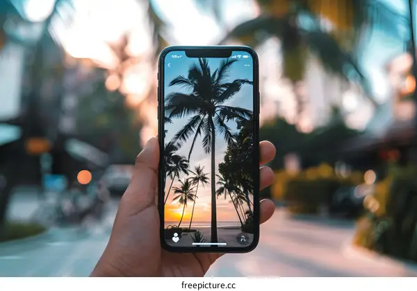 Hand Holding Smartphone Showing Palm Trees Beach Sunset