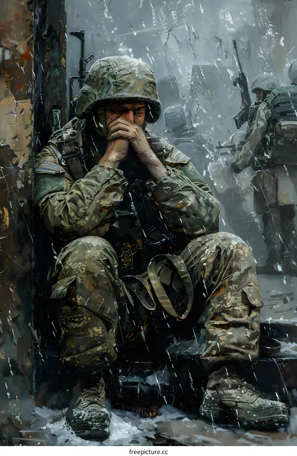 A soldier sits on the rubble of a destroyed building during a war.