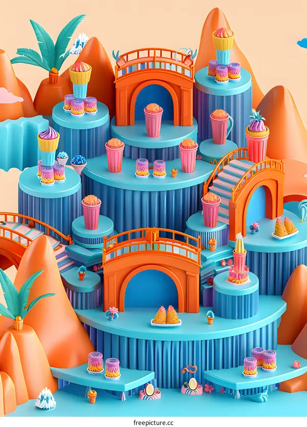 3D Colorful Abstract Mountain Landscape with Ice Cream and Cakes