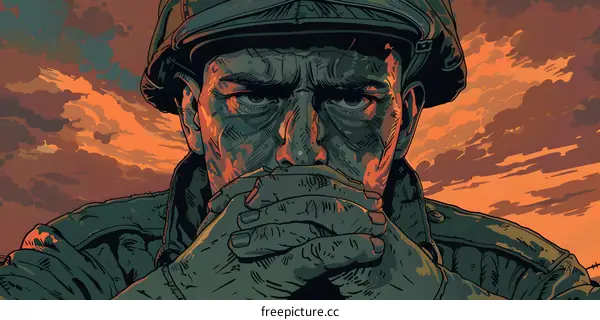 A soldier wearing a helmet with his hands on his face