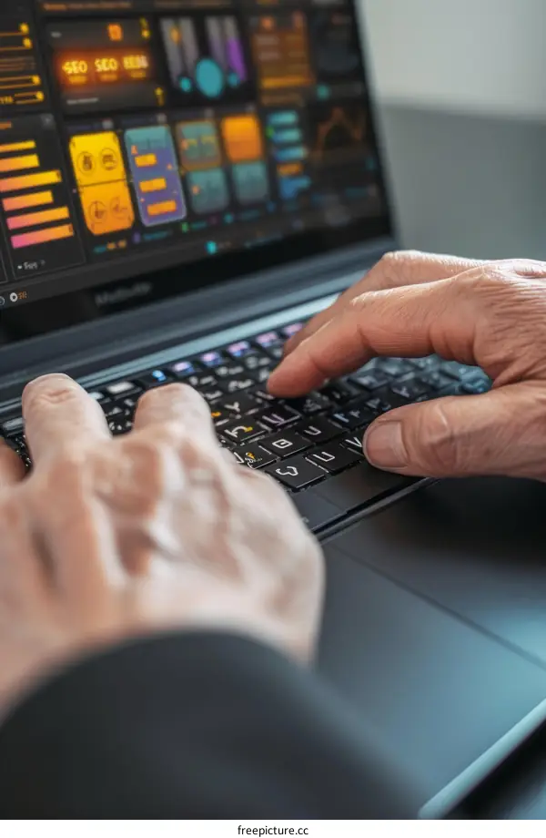An elderly man is typing on a laptop computer keyboard.