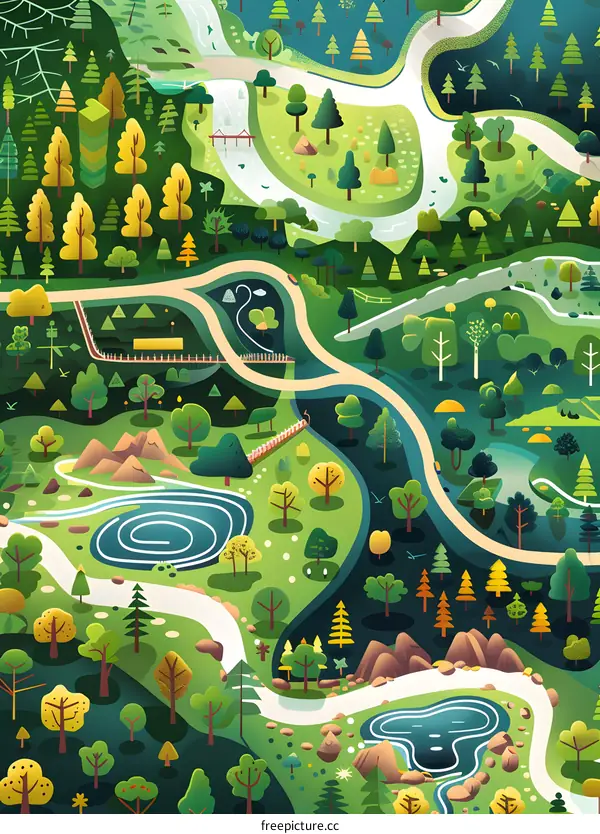 Illustrated Park Map with Winding Paths and Lakes