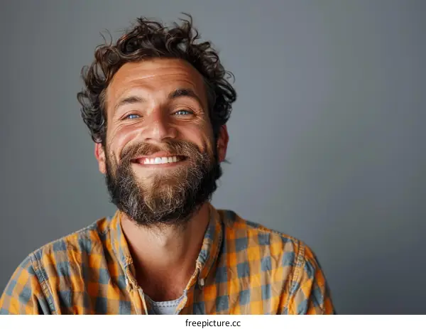 Smiling Man with a Curly Hair and Beard