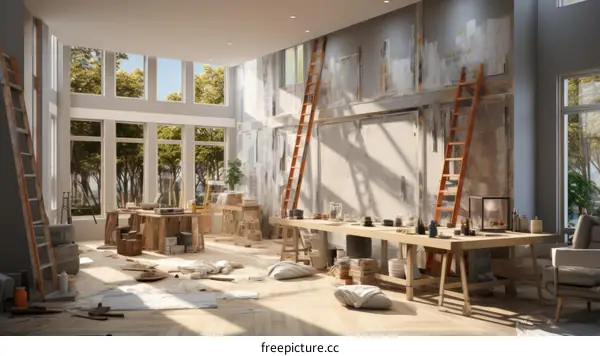 Modern art studio interior with large windows and wooden ladders