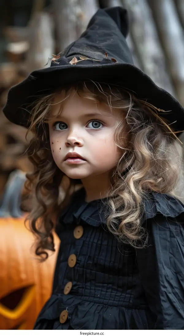 Young Witch in a Black Dress Holding a Pumpkin