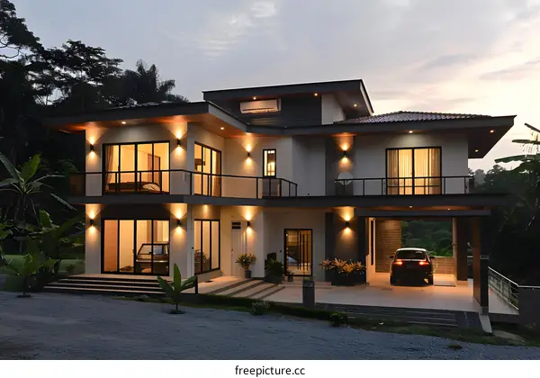 Modern Two Story House With Glass Doors And A Car In The Garage