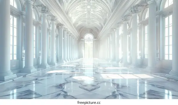 White Marble Hallway with Columns and Coffered Ceiling