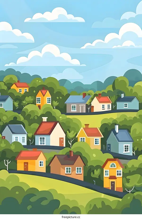 Colorful Houses on Hills with Green Trees and Blue Sky