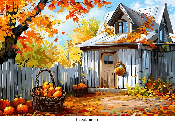 Autumn Landscape Painting with Farmhouse and Pumpkins